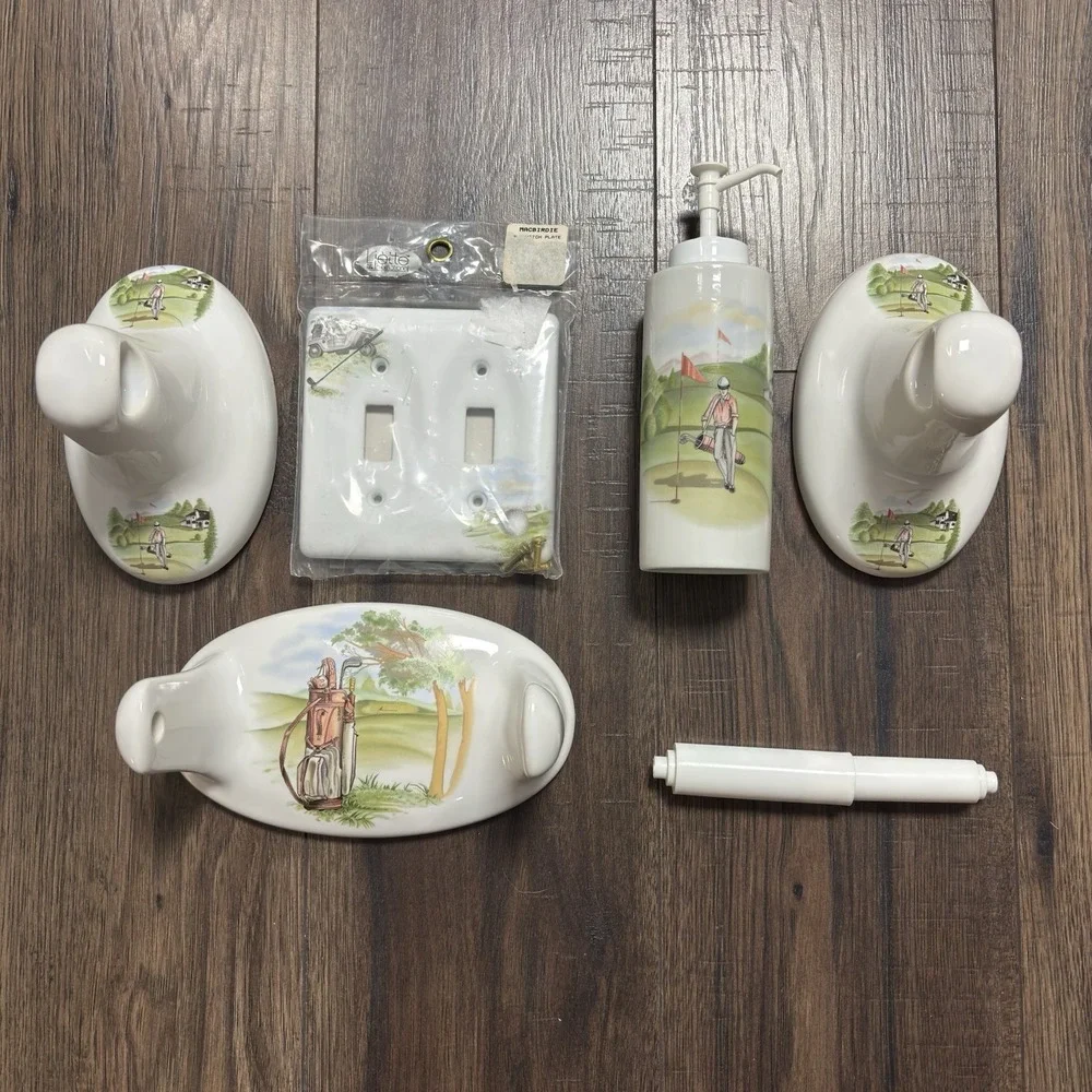 Macbirdie Ceramic Golf Themed Bathroom 4 Piece Set Vintage Soap Bottle Towel Bar